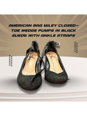 American Rag Miley Black Suede Closed-Toe Wedge Pumps With Ankle Straps & Back Z